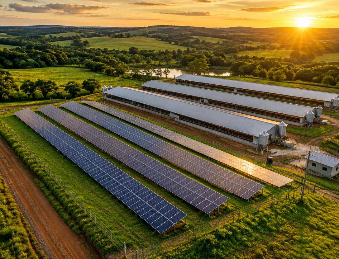 Ilustração de propriedade rural com painéis solares e galpões de suinocultura